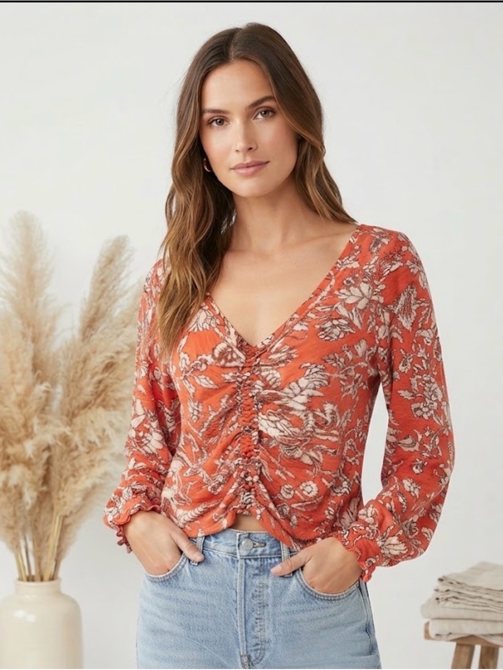 Free People Rust Floral Ruched V-Neck Blouse
